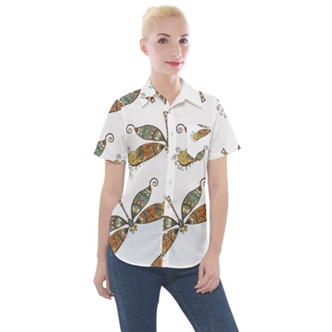 Pattern Dragonfly Background Women s Short Sleeve Pocket Shirt by Ravend