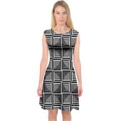 Pattern Op Art Black White Grey Capsleeve Midi Dress