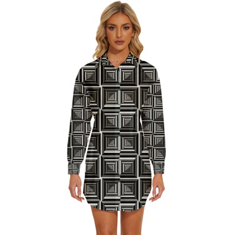 Pattern Op Art Black White Grey Womens Long Sleeve Shirt Dress by Ravend