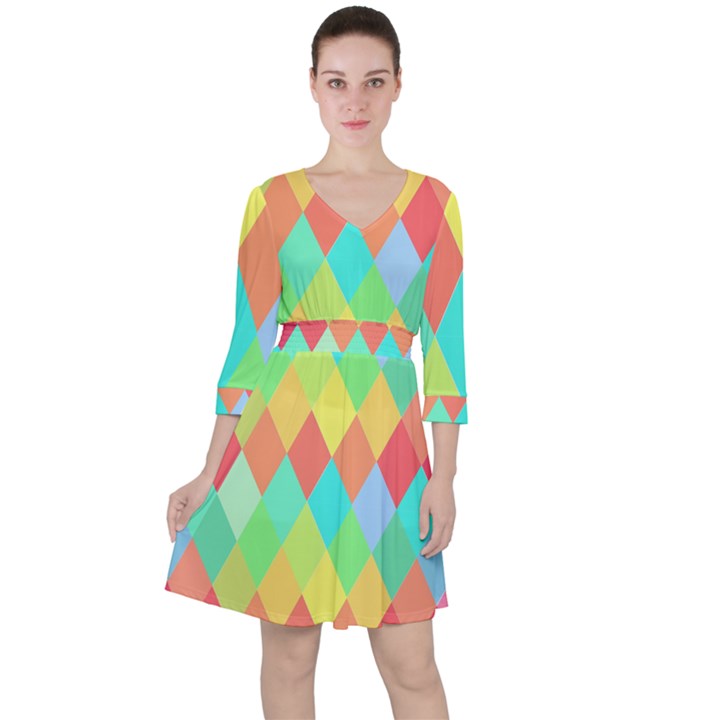 Low Poly Triangles Quarter Sleeve Ruffle Waist Dress