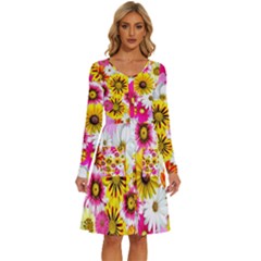 Flowers Blossom Bloom Nature Plant Long Sleeve Dress With Pocket by Amaryn4rt