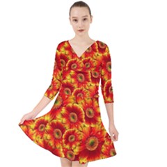 Gerbera Flowers Blossom Bloom Quarter Sleeve Front Wrap Dress by Amaryn4rt