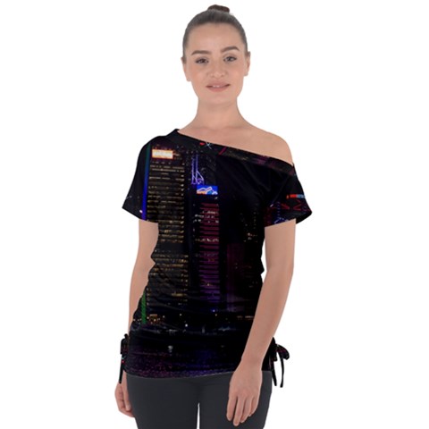 Hong Kong China Asia Skyscraper Off Shoulder Tie-up T-shirt by Amaryn4rt