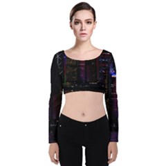 Hong Kong China Asia Skyscraper Velvet Long Sleeve Crop Top by Amaryn4rt