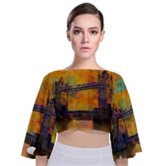 London Tower Abstract Bridge Tie Back Butterfly Sleeve Chiffon Top