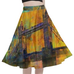 London Tower Abstract Bridge A-line Full Circle Midi Skirt With Pocket