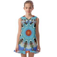 Pattern Blue Brown Background- Kids  Pilgrim Collar Ruffle Hem Dress