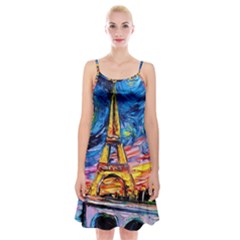 Eiffel Tower Starry Night Print Van Gogh Spaghetti Strap Velvet Dress by Modalart