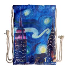 Starry Night In New York Van Gogh Manhattan Chrysler Building And Empire State Building Drawstring Bag (large) by Modalart