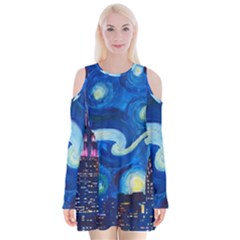 Starry Night In New York Van Gogh Manhattan Chrysler Building And Empire State Building Velvet Long Sleeve Shoulder Cutout Dress by Modalart