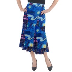 Starry Night In New York Van Gogh Manhattan Chrysler Building And Empire State Building Midi Mermaid Skirt by Modalart