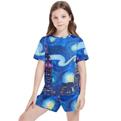 Starry Night In New York Van Gogh Manhattan Chrysler Building And Empire State Building Kids  T-shirt And Sports Shorts Set by Modalart