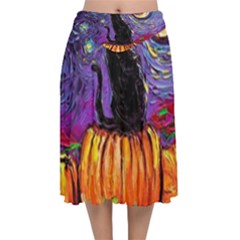 Halloween Art Starry Night Hallows Eve Black Cat Pumpkin Velvet Flared Midi Skirt by Modalart