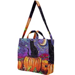 Halloween Art Starry Night Hallows Eve Black Cat Pumpkin Square Shoulder Tote Bag by Modalart