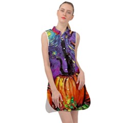 Halloween Art Starry Night Hallows Eve Black Cat Pumpkin Sleeveless Shirt Dress