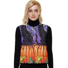 Halloween Art Starry Night Hallows Eve Black Cat Pumpkin Women s Button Up Puffer Vest by Modalart