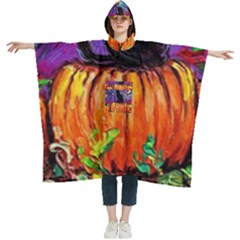 Halloween Art Starry Night Hallows Eve Black Cat Pumpkin Women s Hooded Rain Ponchos by Modalart