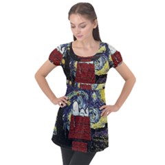 Cartoon Dog House Van Gogh Puff Sleeve Tunic Top