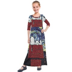 Cartoon Dog House Van Gogh Kids  Quarter Sleeve Maxi Dress