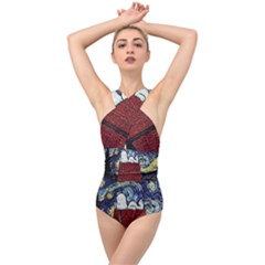 Cartoon Dog House Van Gogh Cross Front Low Back Swimsuit