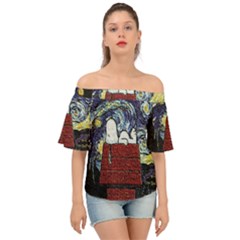 Cartoon Dog House Van Gogh Off Shoulder Short Sleeve Top