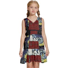 Cartoon Dog House Van Gogh Kids  Sleeveless Tiered Mini Dress