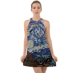 Mosaic Art Vincent Van Gogh Starry Night Halter Tie Back Chiffon Dress by Modalart