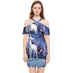 Unicorn Starry Night Print Van Gogh Shoulder Frill Bodycon Summer Dress