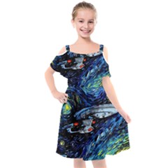 Star Ship Parody Art Starry Night Kids  Cut Out Shoulders Chiffon Dress