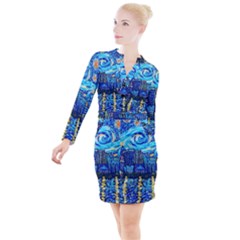 Starry Night Van Gogh Painting Art City Scape Button Long Sleeve Dress by Modalart