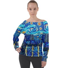 Starry Night Van Gogh Painting Art City Scape Off Shoulder Long Sleeve Velour Top by Modalart