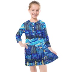 Starry Night Van Gogh Painting Art City Scape Kids  Quarter Sleeve Shirt Dress by Modalart