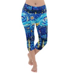 Starry Night Van Gogh Painting Art City Scape Lightweight Velour Capri Yoga Leggings by Modalart