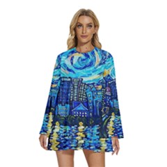 Starry Night Van Gogh Painting Art City Scape Round Neck Long Sleeve Bohemian Style Chiffon Mini Dress by Modalart