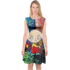 Cartoon Starry Night Vincent Van Gogh Capsleeve Midi Dress by Modalart