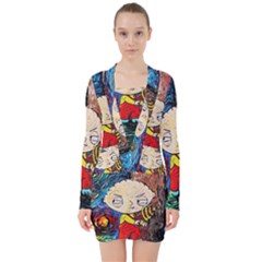 Cartoon Starry Night Vincent Van Gogh V-neck Bodycon Long Sleeve Dress