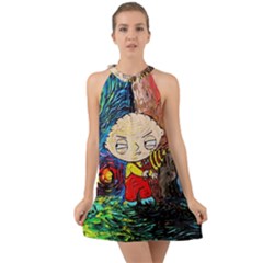 Cartoon Starry Night Vincent Van Gogh Halter Tie Back Chiffon Dress by Modalart