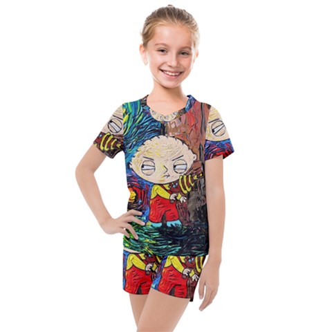 Cartoon Starry Night Vincent Van Gogh Kids  Mesh T-shirt And Shorts Set by Modalart