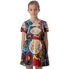 Cartoon Starry Night Vincent Van Gogh Kids  Short Sleeve Pinafore Style Dress