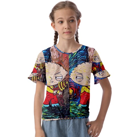 Cartoon Starry Night Vincent Van Gogh Kids  Cuff Sleeve Scrunch Bottom T-shirt by Modalart