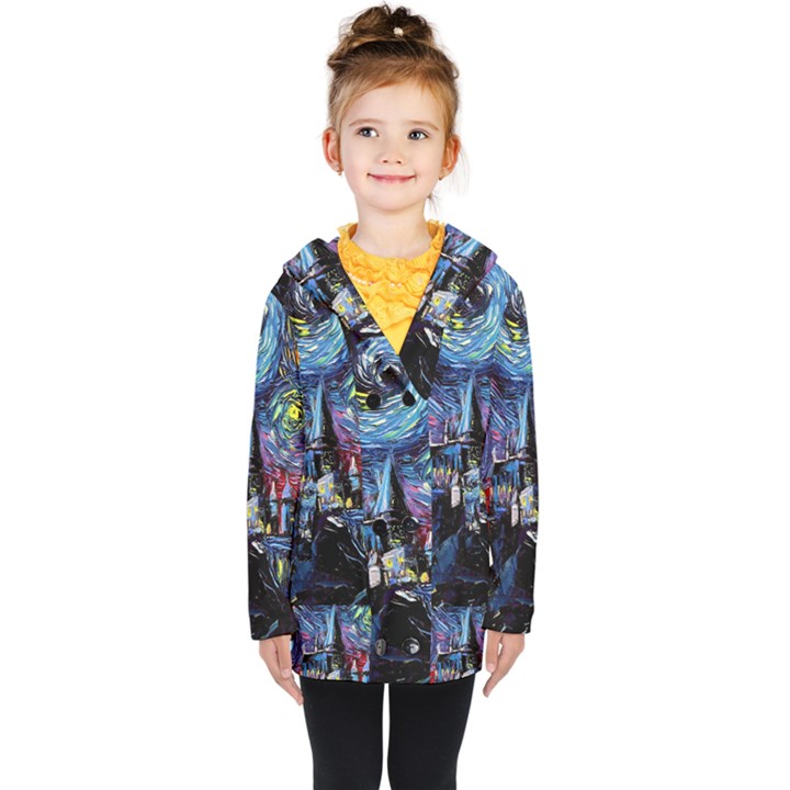 Castle Hogwarts Starry Night Print Van Gogh Parody Kids  Double Breasted Button Coat