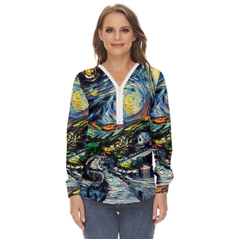 The Great Wall Nature Painting Starry Night Van Gogh Zip Up Long Sleeve Blouse by Modalart