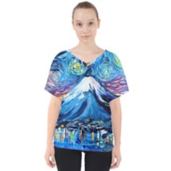 Mount Fuji Art Starry Night Van Gogh V-neck Dolman Drape Top by Modalart