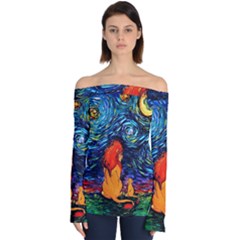 Lion Art Starry Night Van Gogh Off Shoulder Long Sleeve Top