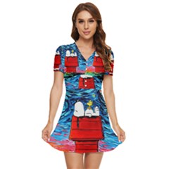 Red House Dog Cartoon Starry Night V-neck High Waist Chiffon Mini Dress by Modalart