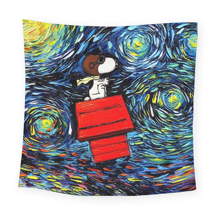 Dog Flying House Cartoon Starry Night Vincent Van Gogh Parody Square Tapestry (Large)