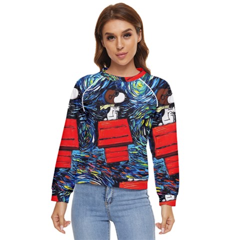 Dog Flying House Cartoon Starry Night Vincent Van Gogh Parody Women s Long Sleeve Raglan T-shirt by Modalart