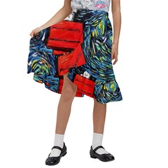 Dog Flying House Cartoon Starry Night Vincent Van Gogh Parody Kids  Ruffle Flared Wrap Midi Skirt by Modalart