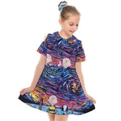 Cartoon Dog Vincent Van Gogh s Starry Night Parody Kids  Short Sleeve Shirt Dress by Modalart