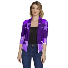 Purple Stars Pattern Shape Women s Draped Front 3/4 Sleeve Shawl Collar Jacket by Pakjumat